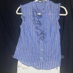 J Crew Blue Blouse Ruffle Blouse w Orange/White Stripes Sz 2
